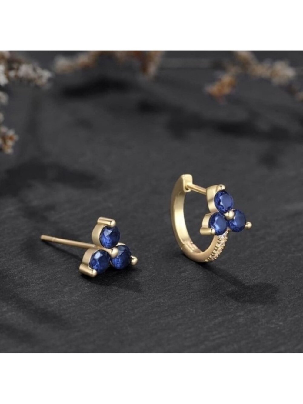 14k Gold Plated Blue Cubic Zirconia Stud Earring Set | Hypoallergenic - Picture 3 of 3